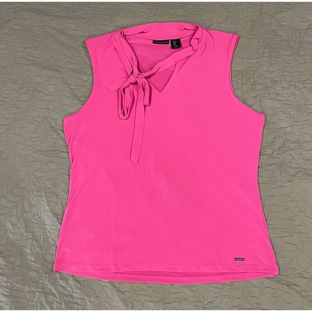 Tahari Hot Pink Stretchy Bow Tie Top Large